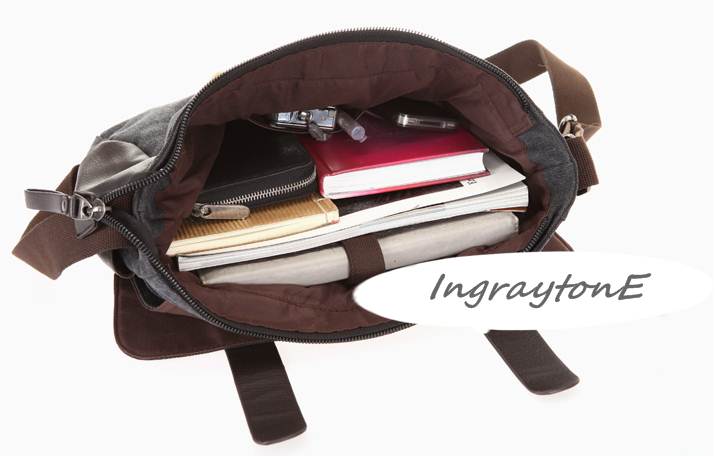 กระเป๋าวินเทจ messenger สะพาย 2เข็มขัด ผ้าใบ สไตล์อังกฤษ สีดำเทา