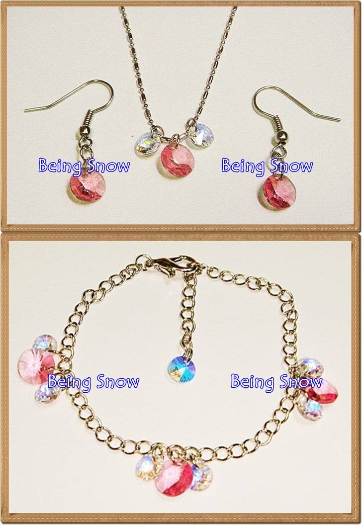 Set สร้อยคอ & สร้อยข้อมือ & ต่างหูคริสตัลรุ่นกลมแบน สลับเล็ก-ใหญ่ สีชมพู Rose