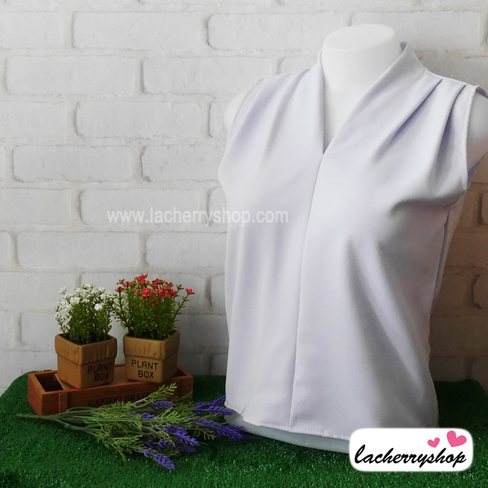 เสื้อแฟชั่นผ้าฮานาโกะ แขนกุด คอวี (สีม่วง) จับจีบไหล่ ทรงสวยเรียบหรู สินค้าคุณภาพดี ใส่ได้ทุกโอกาส