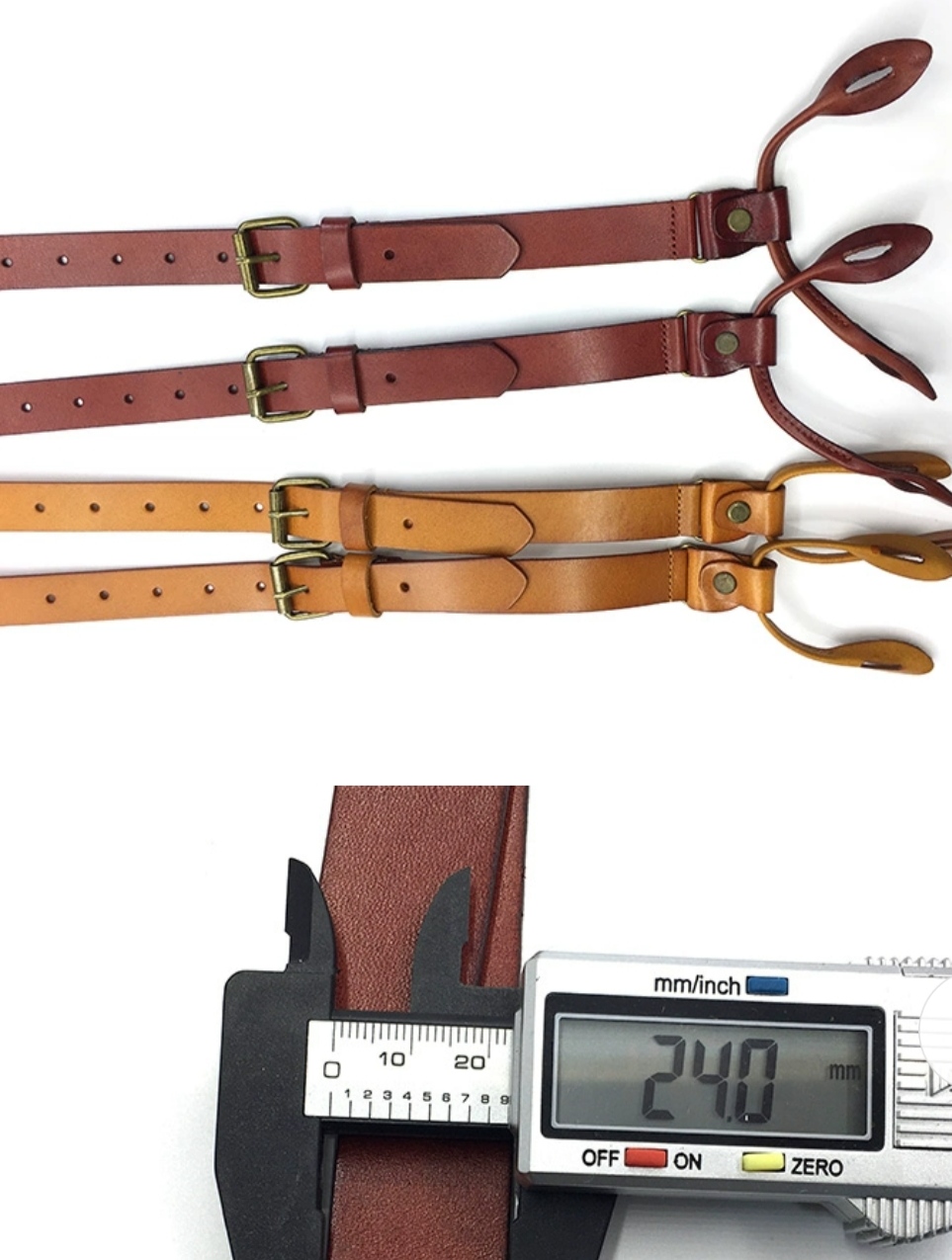 สายเอี๊ยมหนังกระดุม หนังแท้ สายรัดกางเกงกระดุม ปรับเข็มขัด หนังแท้ สี ดำ น้ำตาลอ่อน น้ำตาล 2.4cm