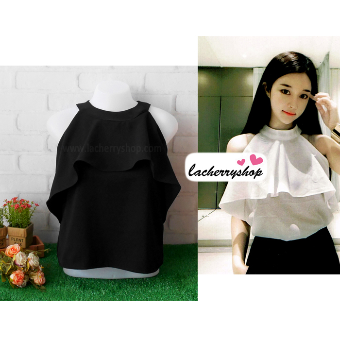 เสื้อผ้าแฟชั่น เสื้อทำงาน ผ้าฮานาโกะ สีดำ แขนกุด แต่งระบายอก สวยเปรี้ยวปนหวาน เว้าไหล่ แบบสวยมากๆค่ะ