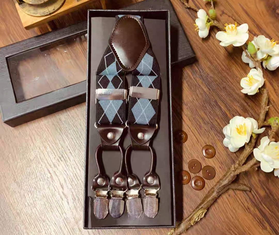 สายรัดกางเกงเอี๊ยม มาตรฐาน 6จุด หูคู่ หนังแท้ คลิบสเตนเลส กว้าง 3.5cm แบบ Y หลากสี ลายดำ พื้นดำ พื้นเทา