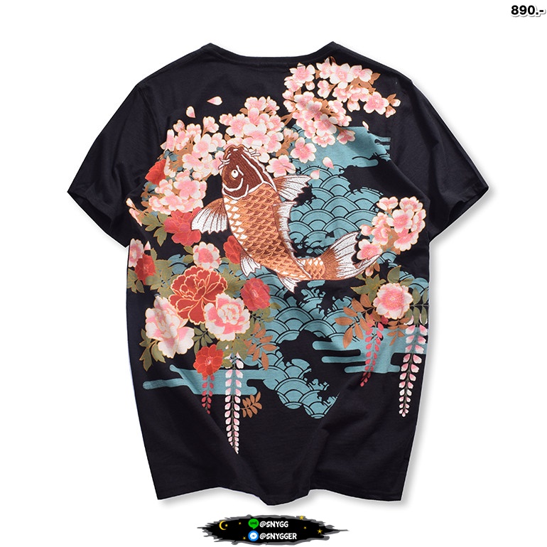 เสื้อยืด สกรีนลาย ปักลายปลายคราฟญี่ปุ่น สีดำ