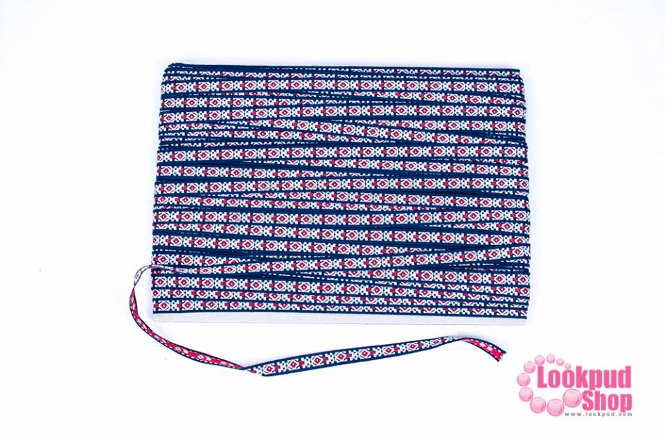 ผ้าแถบลายชนเผ่า สีกรม กว้าง 1.3 ซม (1หลา/90ซ.ม)