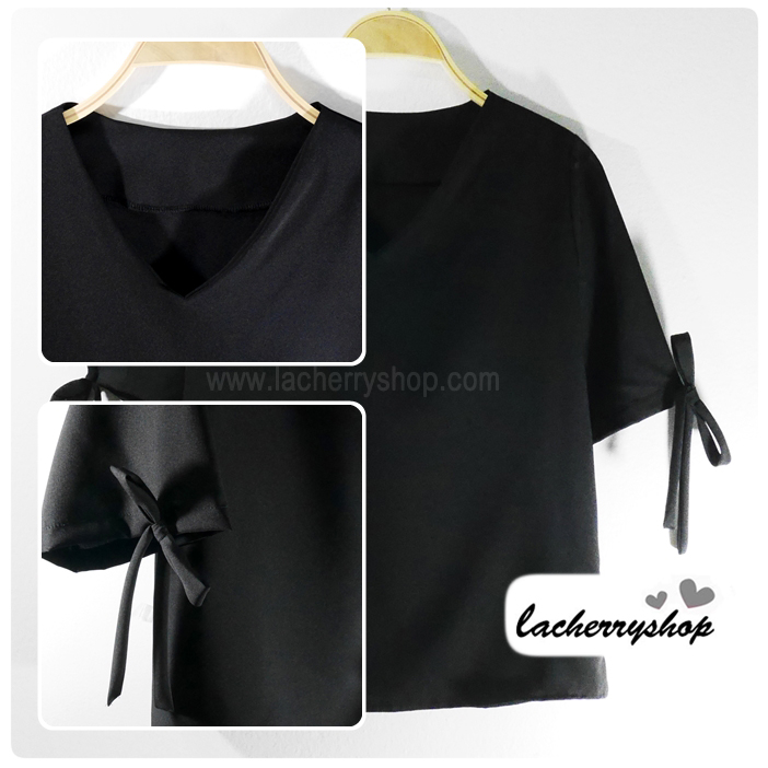 เสื้อแฟชั่น เสื้อทำงาน แบบสวยเรียบหรู คอวี สีดำ แต่งโบว์ที่แขน ใส่ได้ทุกโอกาส ราคาไม่แพง