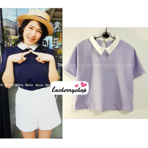 เสื้อแฟชั่น เสื้อทำงาน ผ้าฮานาโกะ สีม่วง พาสเทล สดใส คอปกเก๋ๆ แบบยอดนิยม สินค้าคุณภาพ ราคาไม่แพง