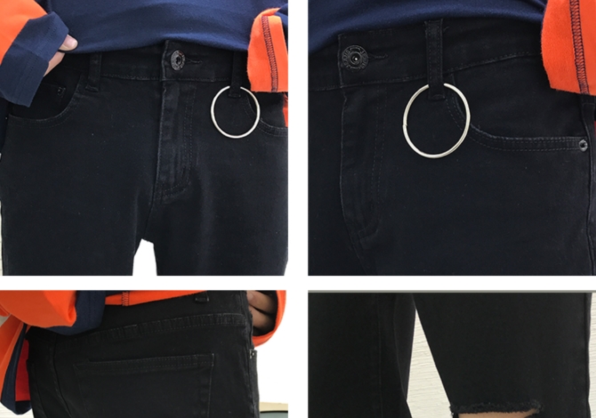 กางเกงขาวยีนส์ ขาดเข่า เข้ารูป 5ส่วน แฟชั่น กระเป๋าปะ ผ้าไม่บาง เอว No.26-34 ดำ ขาว