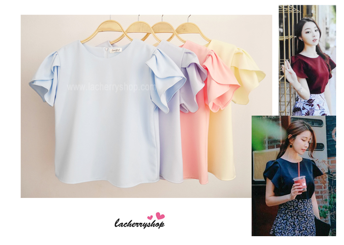 เสื้อผ้าแฟชั่นสวยๆ เสื้อทำงาน ทรงแขนกลีบบัว สีเหลือง ผ้าฮานาโกะ แบบสวยหวานๆสไตล์เกาหลี