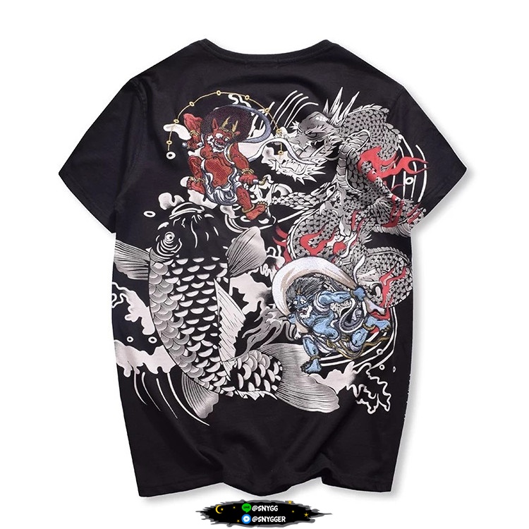 เสื้อยืด สกรีนลาย+ปักลายRaijin and Fujin สีดำ