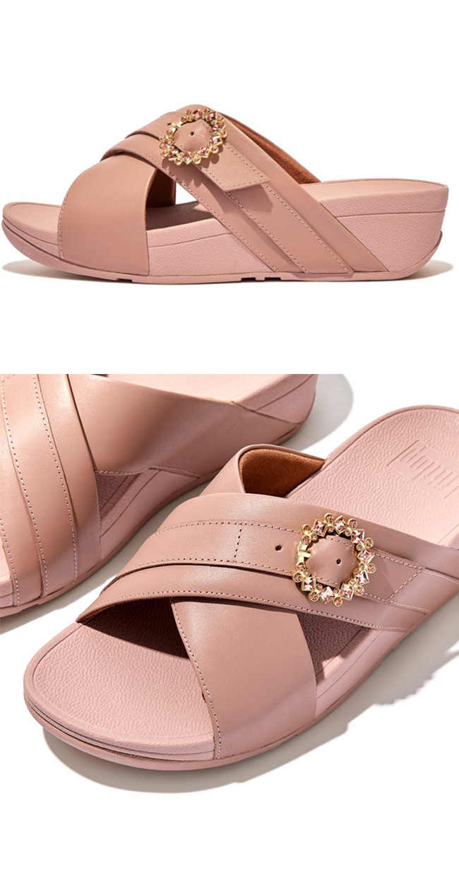 US6 : Fitflop Lulu Crystal Buckle Leather Slide Beige ของแท้ นำเข้าจาก USA และ UK