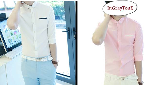 เสื้อเชิ้ตคู่รัก แขนพับข้อศอก คลิบกระเป๋าขาว สีชมพู No.35