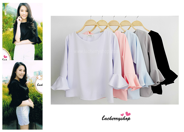 เสื้อแฟชั่น เสื้อทำงาน ผ้าฮานาโกะ สีม่วง แขนกระดิ่งสามส่วน แบบสวยเรียบหรู สินค้าคุณภาพดี