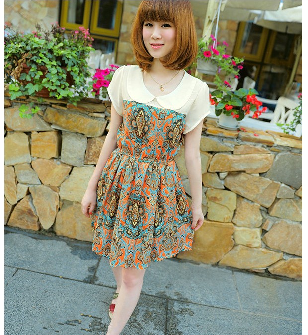 SALE//SALE (ส่งฟรี) ชุดเดรส คอบัว สไตล์เกาหลี พิมพ์ลาย กราฟฟิก สีส้ม เก๋ๆ