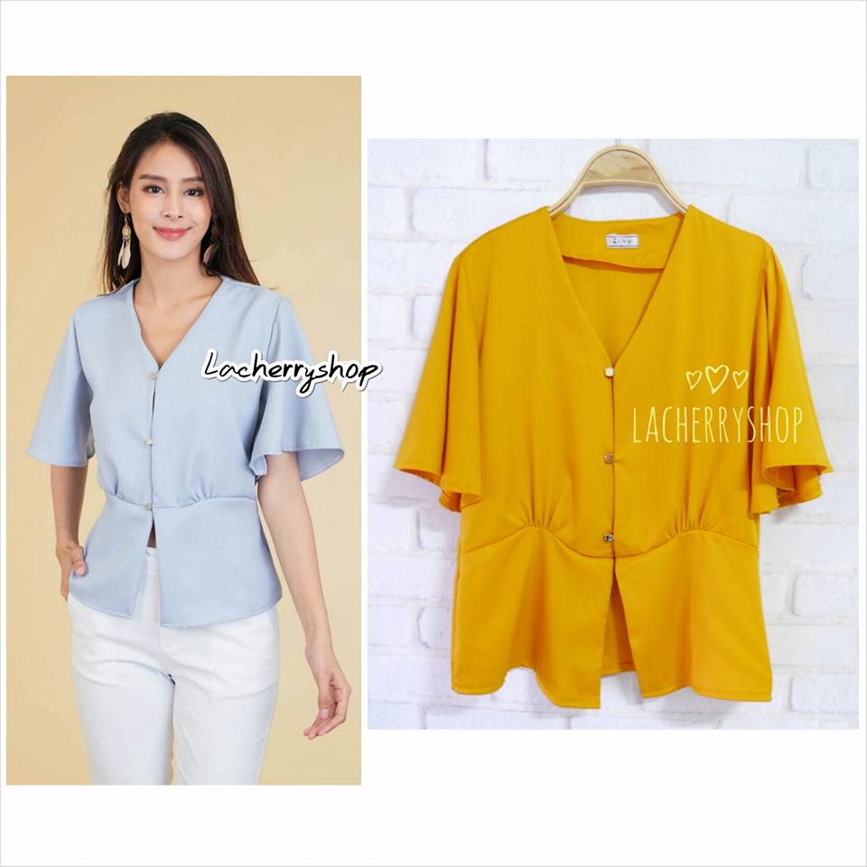 เสื้อแฟชั่น เสื้อทำงาน สีเหลือง คอวี รุ่นกระดุมเหลี่ยม แขนระบาย แบบสวยคุณภาพดี