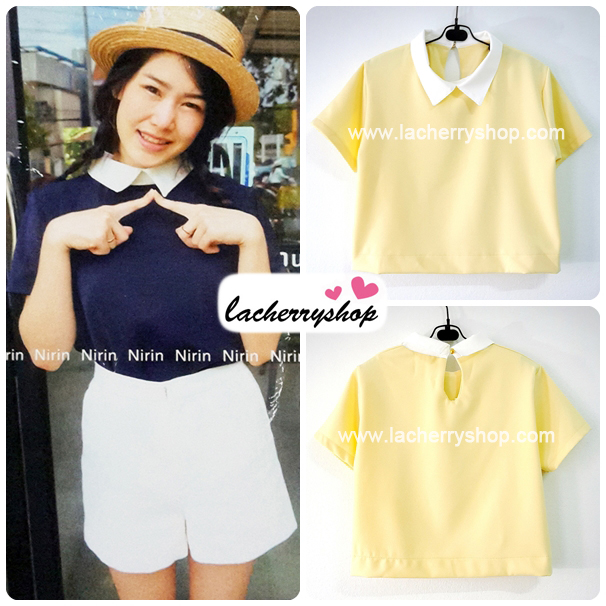 เสื้อแฟชั่น เสื้อทำงาน ผ้าฮานาโกะ สีเหลือง พาสเทล สดใส คอปกเก๋ๆ แบบยอดนิยม สินค้าคุณภาพ ราคาไม่แพง