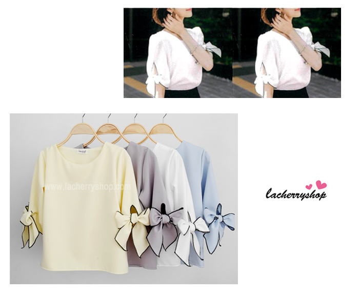 เสื้อแฟชั่นผ้าฮานาโกะ แบบสวยเรียบหรู สีเหลืองอ่อน แขนสามส่วนผูกโบว์ สไตล์เกาหลีน่ารักๆ ผ้าฮานาโกะเนื้อดี ใส่สบาย ใส่ทำงาน ใส่เที่ยวได้ทุกโอกาส