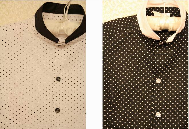 เสื้อเชิ้ตแขนสั้น คอจีน ทรงฟิต สีล้วน ลายจุด แต่งขอบ สีขาว ดำ No.34 36