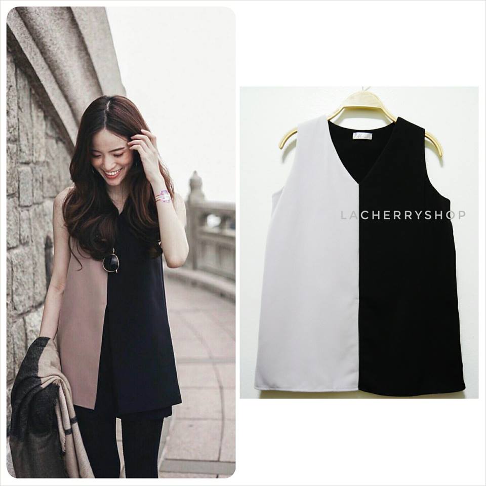 เสื้อผ้าฮานาโกะ แบบสวยคลาสสิค เสื้อทำงาน ตัวยาว คอวี แขนกุด สีทูโทน แบบสวยหรูๆ