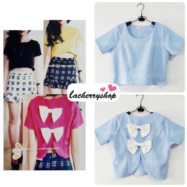เสื้อแฟชั่น ผ้าฮานาโกะ สีฟ้า แบบน่ารักๆ มีโบว์ด้านหลัง เนื้อผ้านิ่ม อยู่ทรง ไม่ยับง่าย ใส่สบาย สินค้าคุณภาพ ราคาไม่แพง