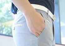 กางเกงสแล็ค 5ส่วน แฟชั่นทรงสลิม กระเป๋าคลิบหนังขาว เอว No.28-29 สีฟ้า