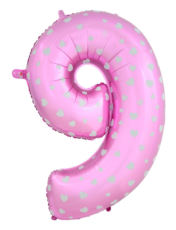 ลูกโป่งฟอยล์รูปตัวเลข 9 สีชมพูพิมพ์ลายหัวใจ ไซส์จัมโบ้ 40 นิ้ว - Number 9 Shape Foil Balloon Size 40" Pink Color printing Heart