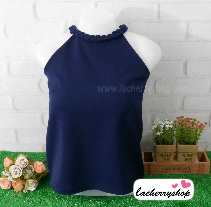 เสื้อแฟชั่นสวยๆ เสื้อทำงาน ผ้าฮานาโกะ สีกรมท่า คอถักเปีย แบบยอดนิยม สวยน่ารักมากๆค่า