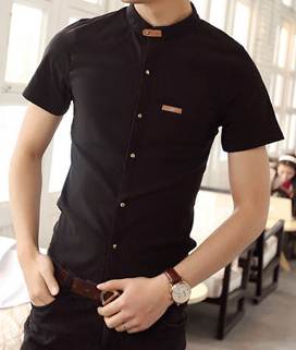 เสื้อเชิ้ตคอจีนแขนสั้น แต่งคอเข็มขัด สีดำ เขียว กากี No.34 36