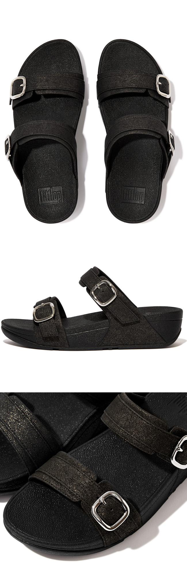 US7 : Fitflop Lulu Shimmer Adjustable Slide Black ของแท้ นำเข้าจาก USA และ UK