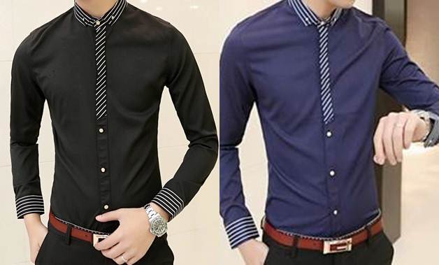 เสื้อเชิ้ตแขนยาว แฟชั่น แต่งสาบลายเฉียง No.38 สีดำ