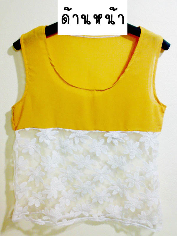 (หมดจ้า) เสื้อซีฟองแขนกุด สีเหลือง ครึ่งตัวล่างตัดแต่งด้วยผ้าลูกไม้แบบซีทรูเก๋ๆค่ะ
