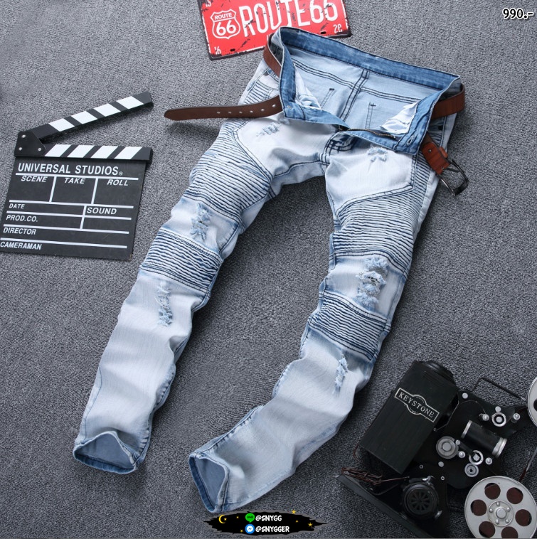 กางเกงยีนส์ไบค์เกอร์ BIKER JEANS ฟอกขาวฟ้าซีด