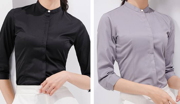 เล็กใหญ่พิเศษ!!เสื้อเชิ้ตคอจีน แขนสามส่วน ผู้หญิง เข้ารูป ซ่อนกระดุม size No.32-44 สีขาว ฟ้า