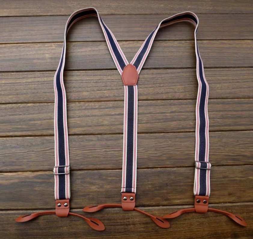 สายรัดกางเกงเอี๊ยม มาตรฐาน 6จุด หูคู่หนังแท้สีน้ำตาล กว้าง 3cm แบบ Y ขาวแดงน้ำเงิน น้ำตาลลาย