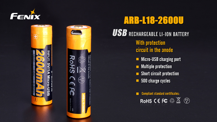 แบตลี่เธี่ยม FENIX 18650 2600MA ชาร์จ USB