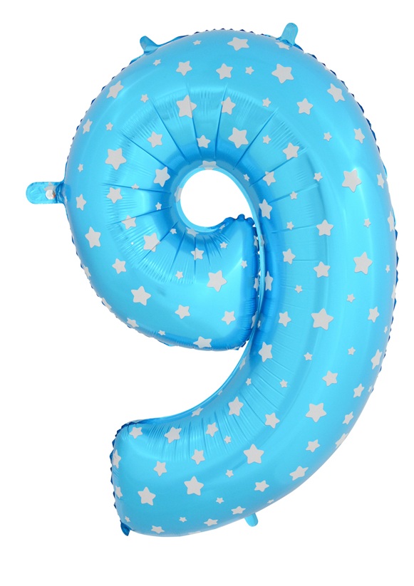 ลูกโป่งฟอยล์รูปตัวเลข 9 สีฟ้าพิมพ์ลายดาว ไซส์จัมโบ้ 40 นิ้ว - Number 9 Shape Foil Balloon Size 40" Blue Color printing Star
