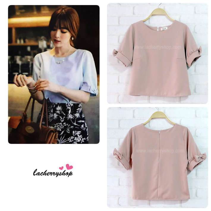 เสื้อแฟชั่น เสื้อทำงาน ผ้าฮานาโกะ สีนู้ด แต่งโบว์ที่แขน แบบสวยน่ารัก สไตล์เกาหลี สินค้าคุณภาพดี ราคาเบาๆ