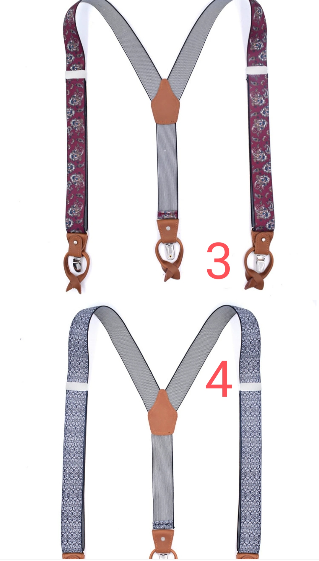 สายรัดกางเกงเอี๊ยม มาตรฐาน 3จุด หูคู่ ตัวรัดยึดได้แบบคลิบ หรือ กระดุมไม่เป็นสนิม แบบ Y กว้าง 3.5cm แบบหูคู่พร้อมคลิบ2สไตล์ หนังน้ำตาลแท้ สี น้ำเงิน น้ำตาล น้ำตาลล้วน แดง ขาว เนื้อ ดำ เทา คละสี