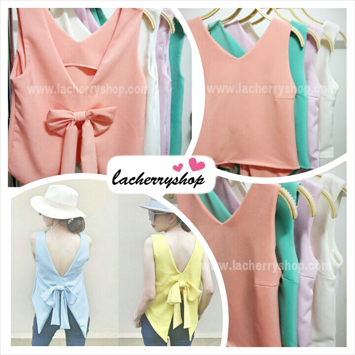 เสื้อแฟชั่น ผ้าฮานาโกะ สีพาสเทล โอรส แขนกุด ผูกโบว์ด้านหลัง แบบสวยน่ารัก สินค้าคุณภาพ ราคาไม่แพง