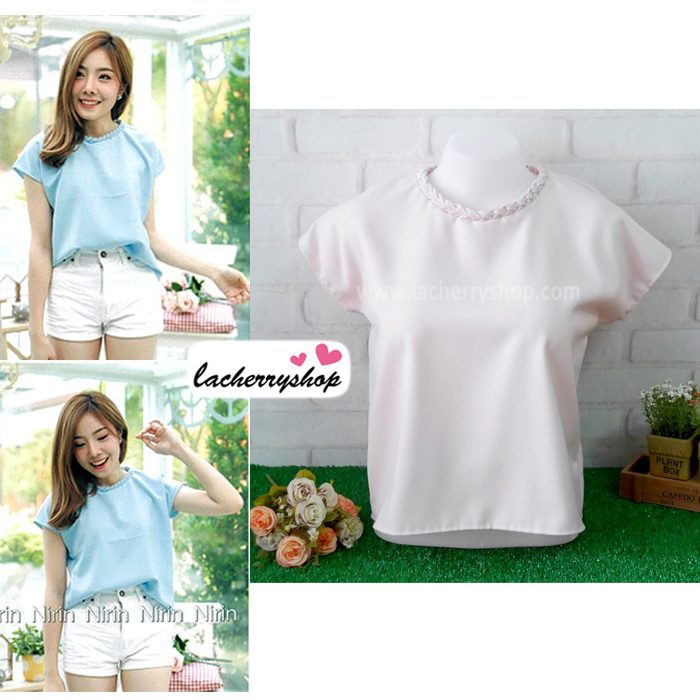 เสื้อผ้าแฟชั่นสวยๆ เสื้อทำงานสีชมพูอ่อน ผ้าฮานาโกะ ทรงแขนค้างคาว คอเปีย แบบสวยน่ารัก สินค้าคุณภาพดี