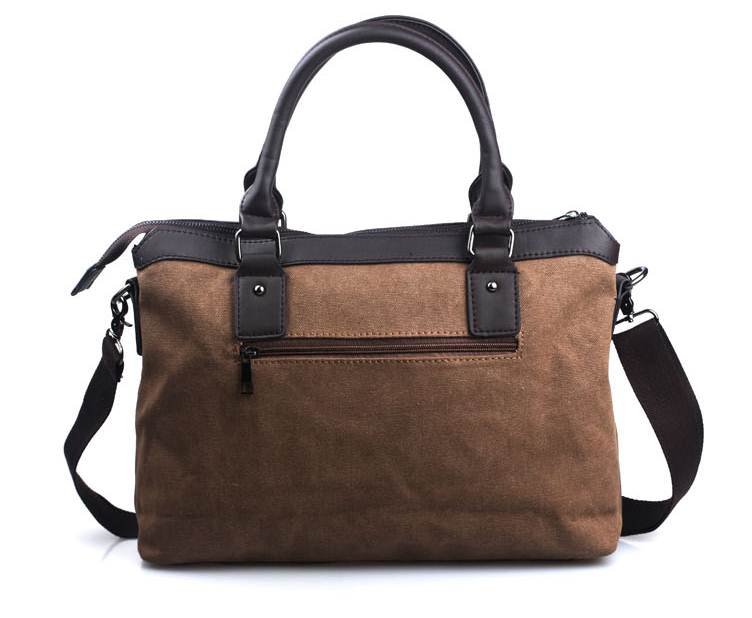 กระเป๋าวินเทจ ถือ สะพายไหล่ เย็บแถบหนัง ผ้าใบ สีน้ำตาล ทรง H