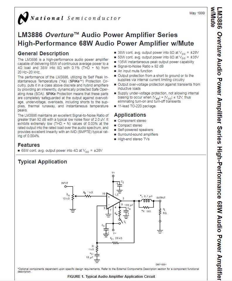 (1ตัว) LM3886TF National High-Performance 68W Audio Power Amplifier