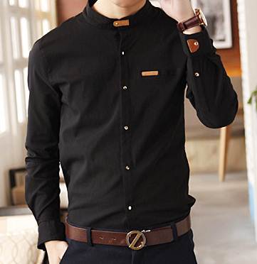 ซื้อคู่899-เสื้อคอจีนแขนยาว แต่งหมุดทอง สลิมฟิต แฟชั่น สีดำ เขียว กากี No.34 36 38 40 41.5