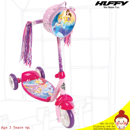 HuFFY HuFFY สกู๊ตเตอร์ลายเจ้าหญิง เหมาะสำหรับเด็กอายุ : 3 ปีขึ้นไป รับน้ำหนักสูงสุด : 27 กิโลกรัม คุณสมบัติ : โครงเหล็ก มือจับทนทาน ปรับระดับความสูงได้ พื้นกว้าง ยืนถนัด ล้อแข็งแรง Huffy Disney Princess 3-Wheel Preschool Scooter with Handlebar Bag Age : 3 Years & Up Maximum weight : 27 Kgs. Features : Wide non-slip deck with full-color Spider Man graphics Rear fender attached to deck Resin wheels with PVC tires Clear grips show graphics underneath Huffy 3-Wheel Preschool Scooter has a steel Kids sidewalk scooter assembly takes approximately 15 minutes