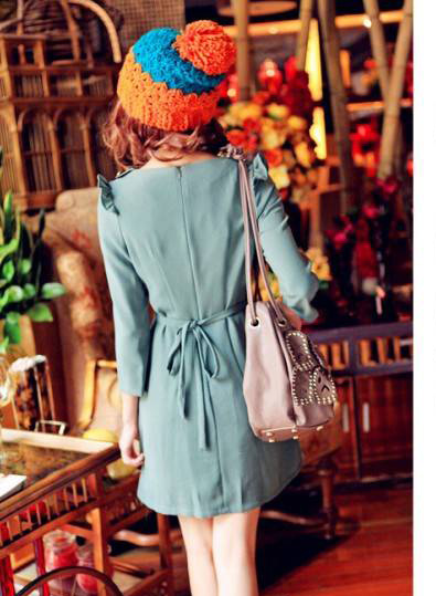 SALE//SALE (ส่งฟรี) 91PF ชุดเดรส สไตล์เกาหลี สีฟ้า แขนสามส่วน แต่งไหล่น่ารักๆเป็นหยักๆ ปักหมุดสีทองด้านหน้า มีสายมัดเอว แบบสวยเรียบหรู สินค้าคุณภาพดี