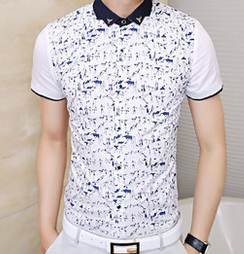 เสื้อเชิ้ตแขนสั้น แต่งเข็มกลัด ปกสีตัด ลายสัตว์ป่า ทรงปกติ No.39 (ลายน้ำเงิน)