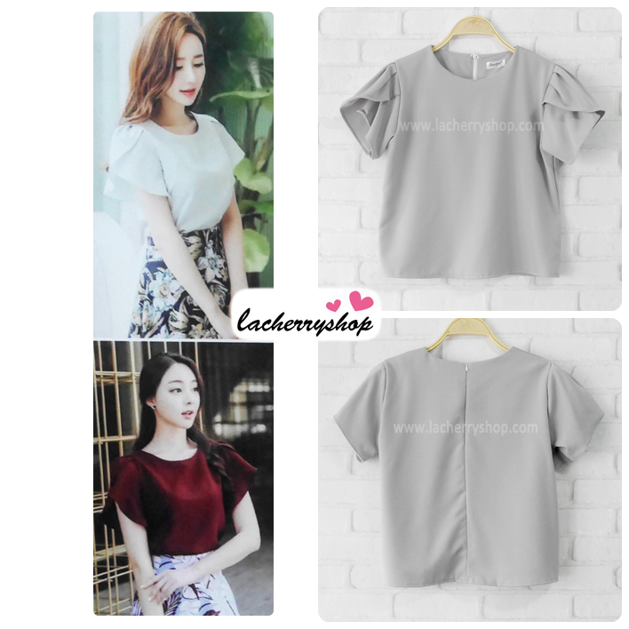 เสื้อผ้าแฟชั่นสวยๆ เสื้อทำงาน ทรงแขนกลีบบัว สีเทา ผ้าฮานาโกะ แบบสวยหวานๆสไตล์เกาหลี