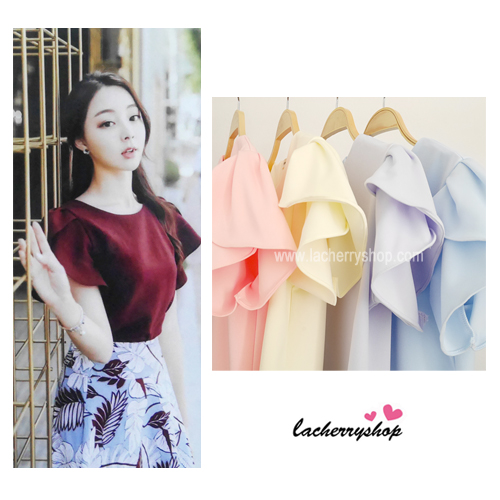 เสื้อผ้าแฟชั่นสวยๆ เสื้อทำงาน ทรงแขนกลีบบัว สีเหลือง ผ้าฮานาโกะ แบบสวยหวานๆสไตล์เกาหลี