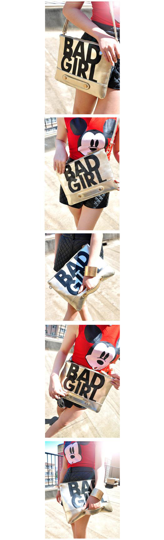 กระเป๋าแฟชั่น BAD GIRL สีทอง หนัง PU ใส่ IPAD ได้ มีสายสะพาย ((โปรโมชั่นส่งฟรี))