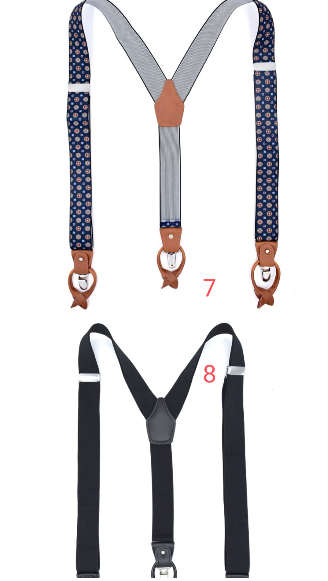 สายรัดกางเกงเอี๊ยม มาตรฐาน 3จุด หูคู่ ตัวรัดยึดได้แบบคลิบ หรือ กระดุมไม่เป็นสนิม แบบ Y กว้าง 3.5cm แบบหูคู่พร้อมคลิบ2สไตล์ หนังน้ำตาลแท้ สี น้ำเงิน น้ำตาล น้ำตาลล้วน แดง ขาว เนื้อ ดำ เทา คละสี