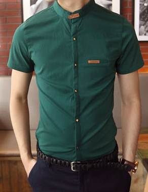 เสื้อเชิ้ตคอจีนแขนสั้น แต่งคอเข็มขัด สีดำ เขียว กากี No.34 36